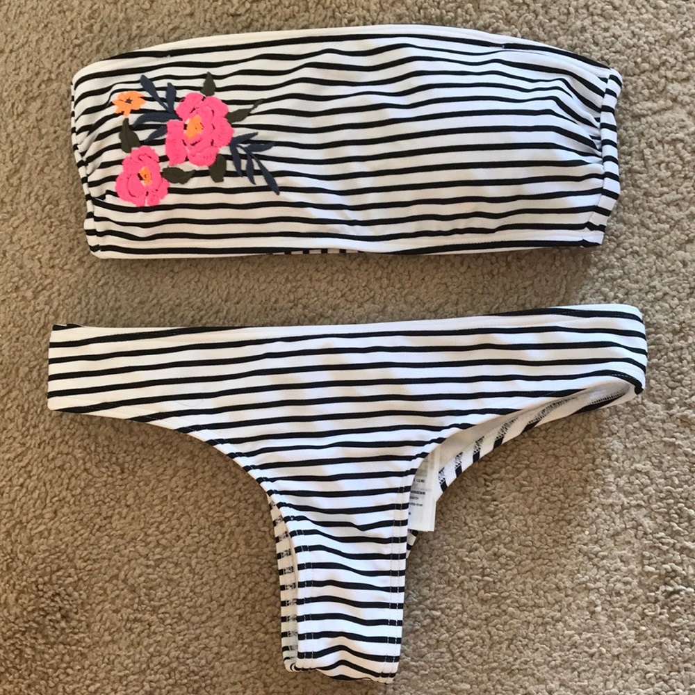 Hollister embroidered black & white striped bikini